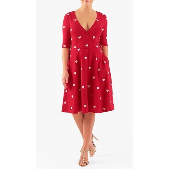 eShakti Embellished Heart Cotton Knit Over the Knee Dress Red with Pockets Sz 2X - Picture 1 of 8